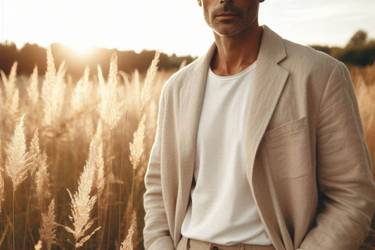Man in linen blazer and white t-shirt in a grass field