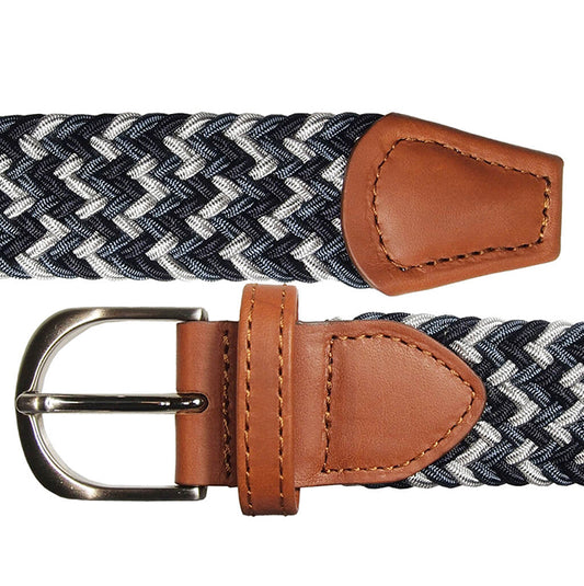 30 mm Width Tri-colored Viscose Belt in Airforce Navy and Silver With Buffed Leather Trimming