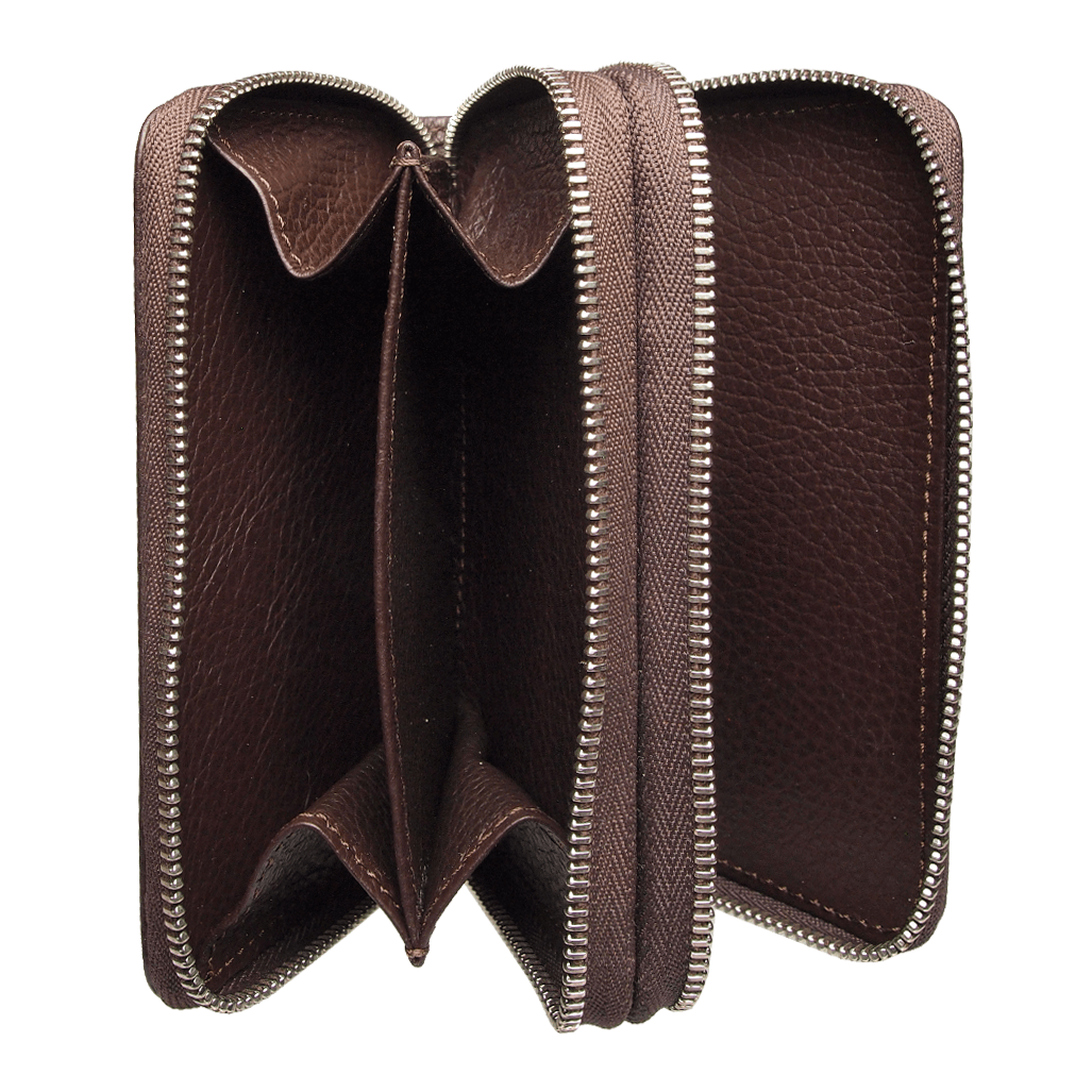 Dual-Zip Grained Leather Key Pouch Brown