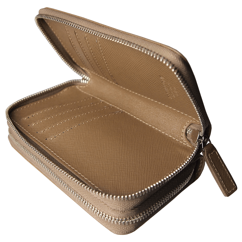 8 Credit Card Dual-Zip Saffiano Leather Wallet Taupe