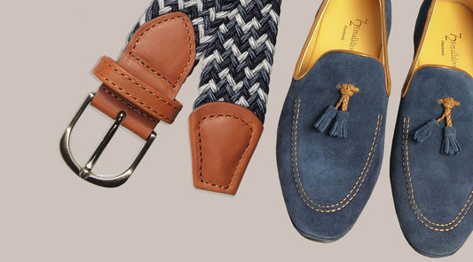 72 Smalldive Tri_Colored Braided Viscose Belt With Blue Suede Loafers