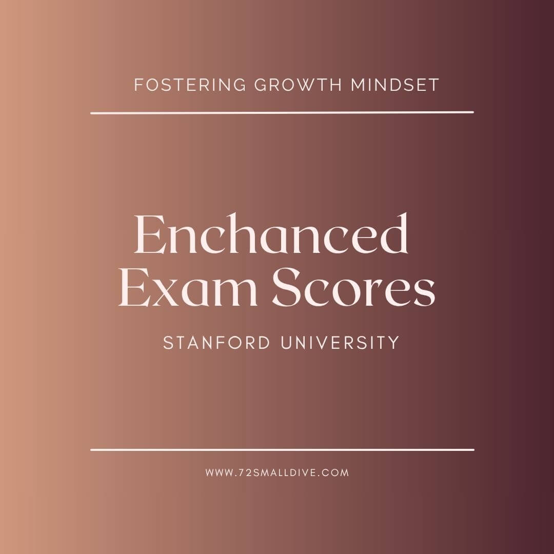 A square promotional graphic with a warm copper-to-brown gradient background and white text reading 'FOSTERING GROWTH MINDSET', 'Enchanted Exam Scores', and 'STANFORD UNIVERSITY', plus the website 'WWW.725MALLDIVE.