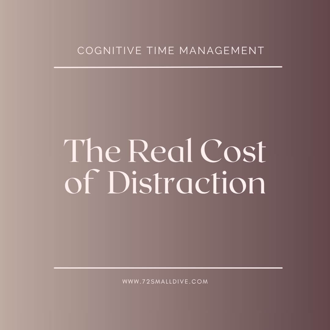 A minimalist book cover or digital cover design with the title 'The Real Cost of Distraction' and subtitle 'COGNITIVE TIME MANAGEMENT' in white serif text over a soft mauve-to-brown gradient background. A website URL is printed at the bottom.