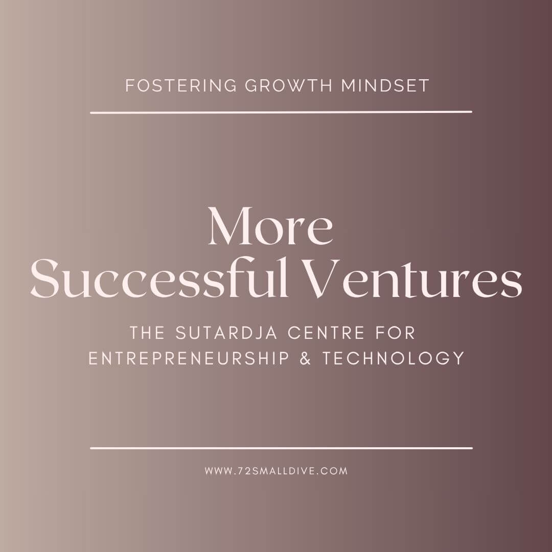 A square promotional graphic with a soft mauve-to-brown gradient background and white text reading 'Fostering Growth Mindset', 'More Successful Ventures', 'The Sutardja Centre for Entrepreneurship & Technology', and 'www.725malldive.