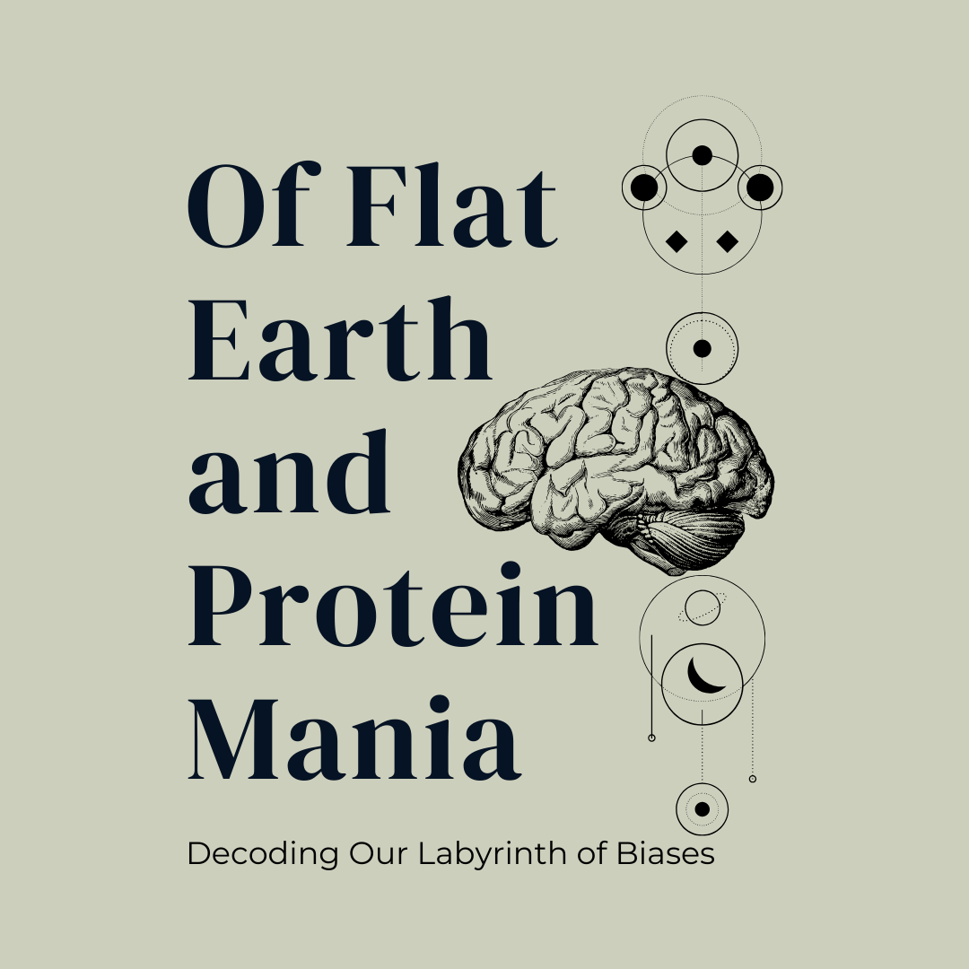 Book cover with text 'Of Flat Earth and Protein Mania' and a brain illustration on a beige background.