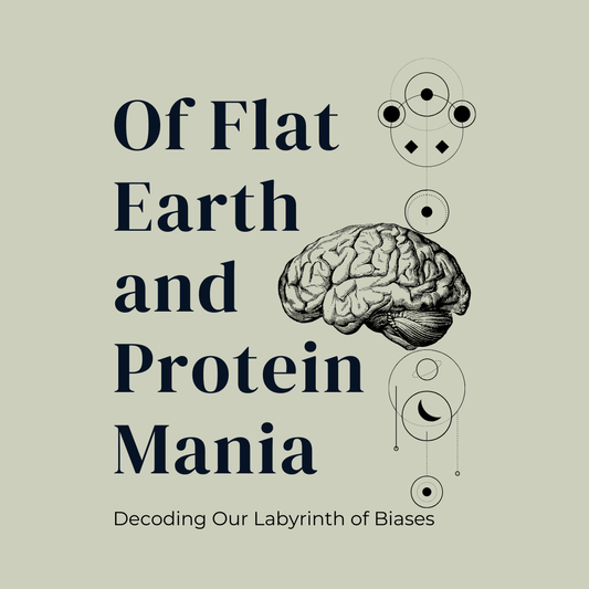Book cover with text 'Of Flat Earth and Protein Mania' and a brain illustration on a beige background.