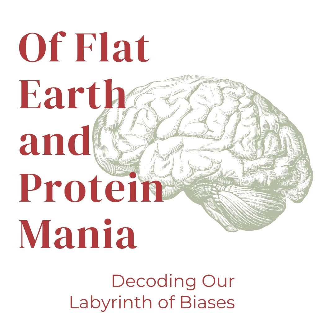 Book cover with brain illustration and text 'Of Flat Earth and Protein Mania' on a white background