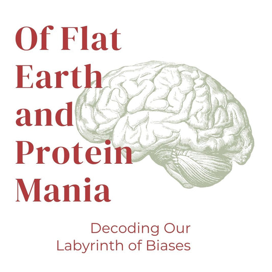 Book cover with brain illustration and text 'Of Flat Earth and Protein Mania' on a white background