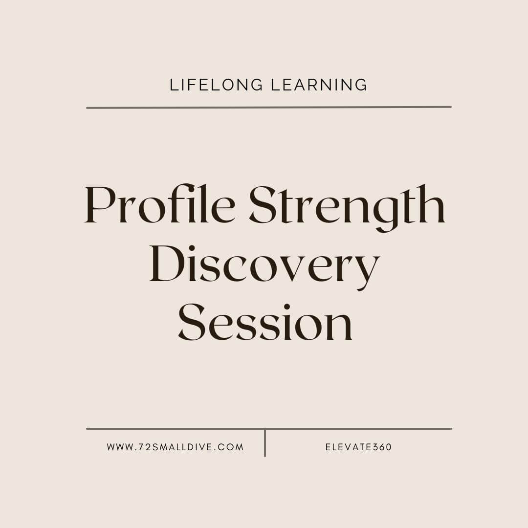 Text on a beige background promoting 'Profile Strength Discovery Session' with branding information.