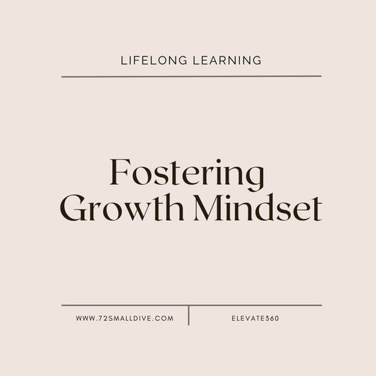 A minimalist beige square graphic with centered dark brown text reading 'Fostering Growth Mindset' under the heading 'LIFELONG LEARNING.' Smaller text at the bottom includes 'WWW.