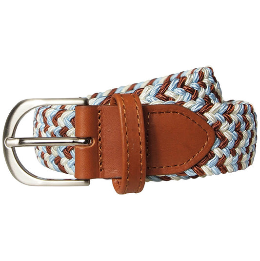 30 mm Width Tri-Colored Viscose Belt in Sky Blue Brown and Ivory With Buffed Leather Trimming