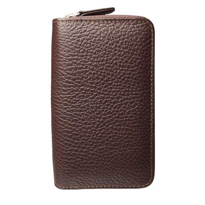 8 Credit Card Dual-Zip Pebbled Leather Wallet Brown