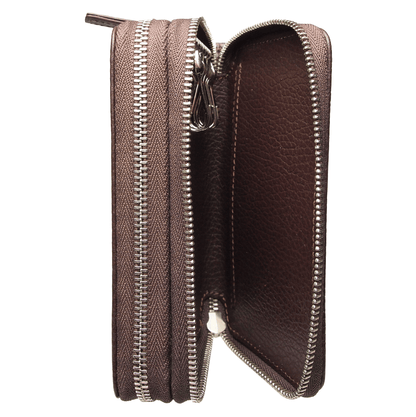 Dual-Zip Grained Leather Key Pouch Brown