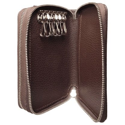 Dual-Zip Grained Leather Key Pouch Brown