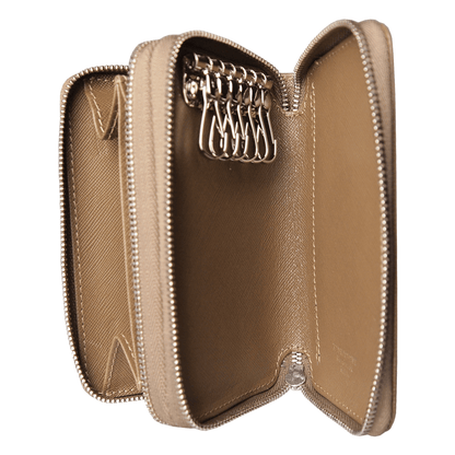 Dual-Zip Saffiano Leather Key Pouch Taupe