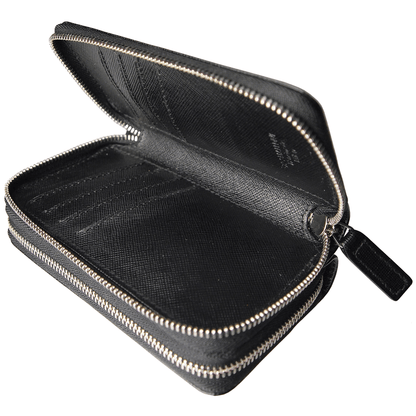 8 Credit Card Dual-Zip Saffiano Leather Wallet Black