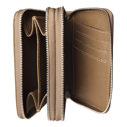8 Credit Card Dual-Zip Saffiano Leather Wallet Taupe