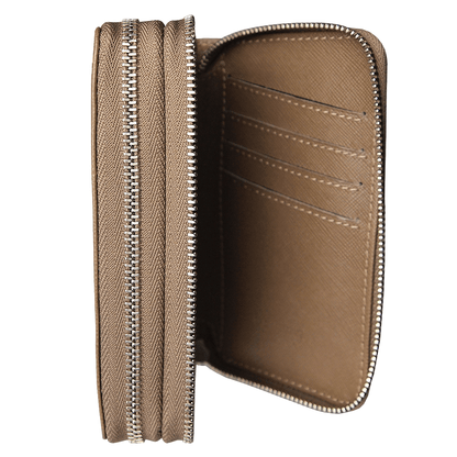 8 Credit Card Dual-Zip Saffiano Leather Wallet Taupe